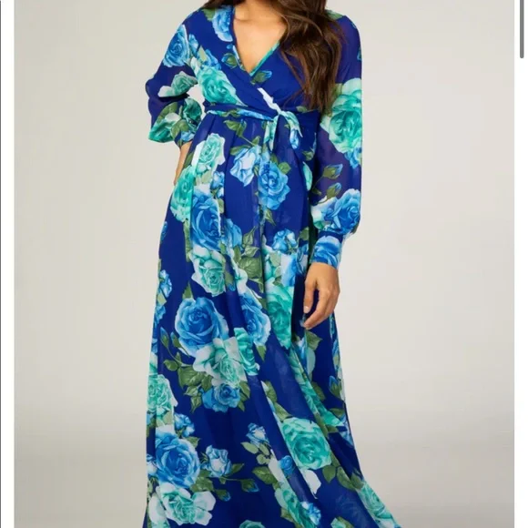 knee length dresses for ladies Light Pink Floral Chiffon Long Sleeve Maternity Maxi Dress – PinkBlush main image 1